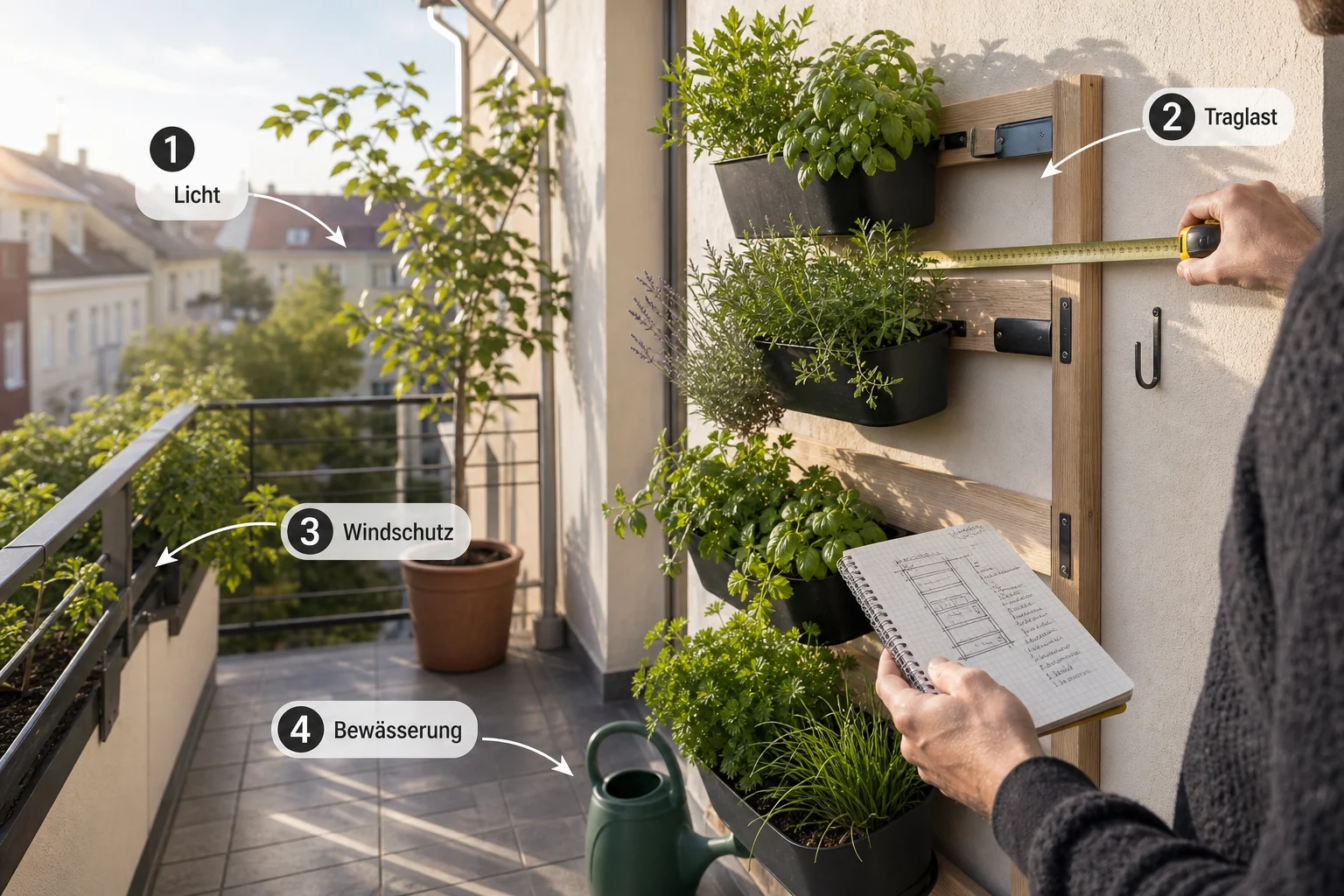 Infografik: Voraussetzungen, Standort und richtige Planung - Wandgarten Balkon DIY Anleitung: Schritt-für-Schritt erklärt