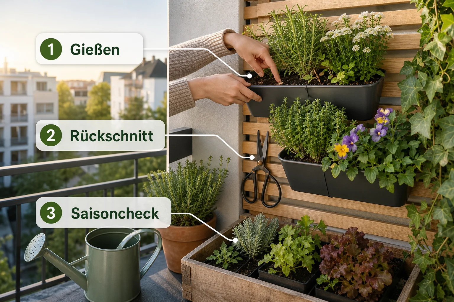 Infografik: Pflege, Timing und saisonale Besonderheiten - Wandgarten Balkon DIY Anleitung: Schritt-für-Schritt erklärt