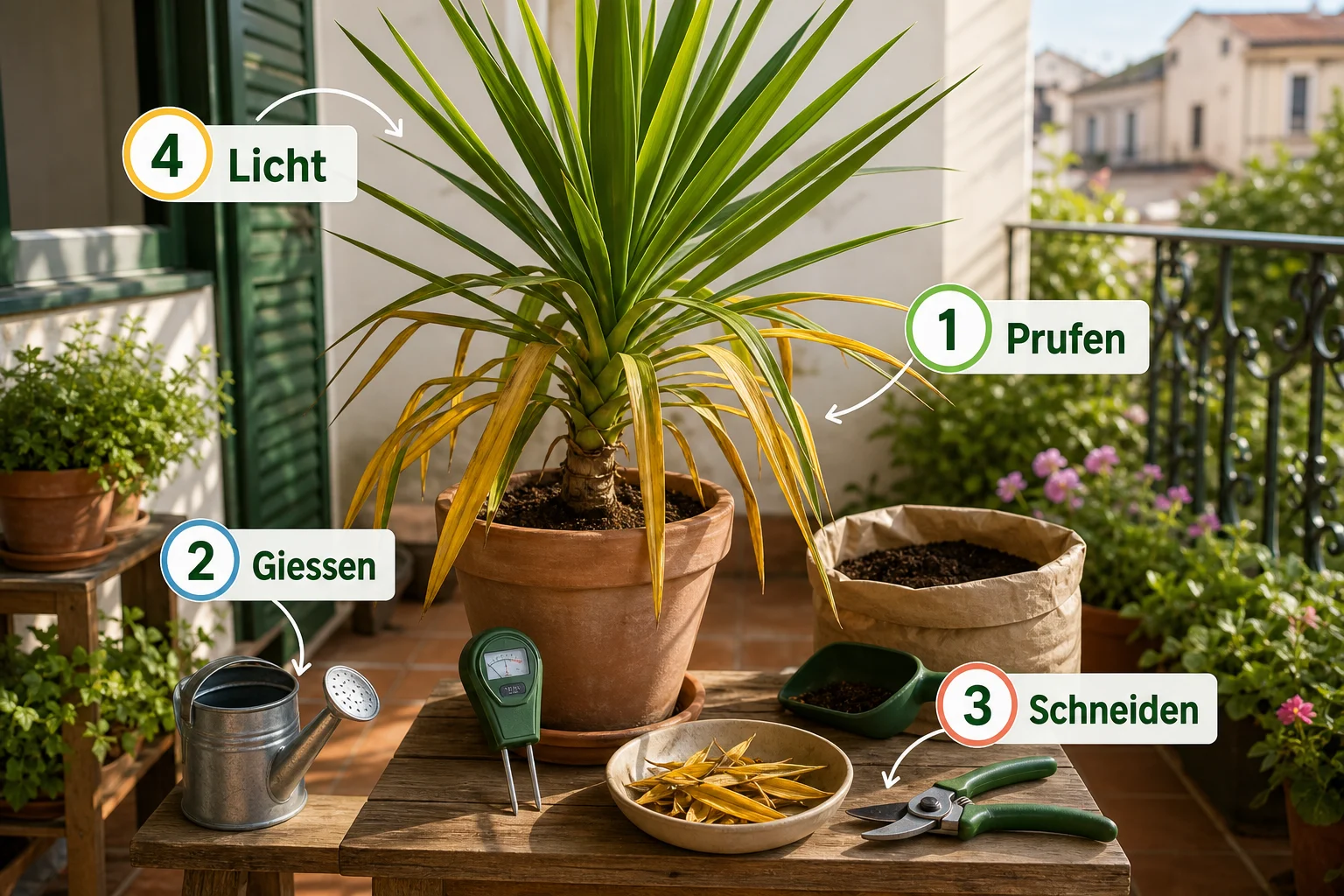 Infografik: Schritt-für-Schritt-Anleitung - Yucca Palme Pflege Gelbe Blätter: Anleitung, Tipps und häufige Fehler