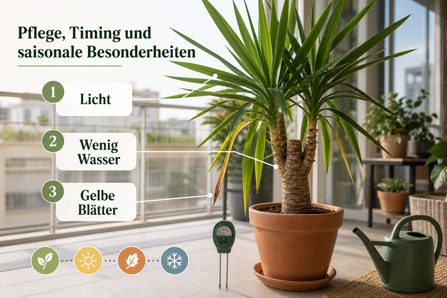 Infografik: Pflege, Timing und saisonale Besonderheiten - Yucca Palme Pflege Gelbe Blätter: Anleitung, Tipps und häufige Fehler