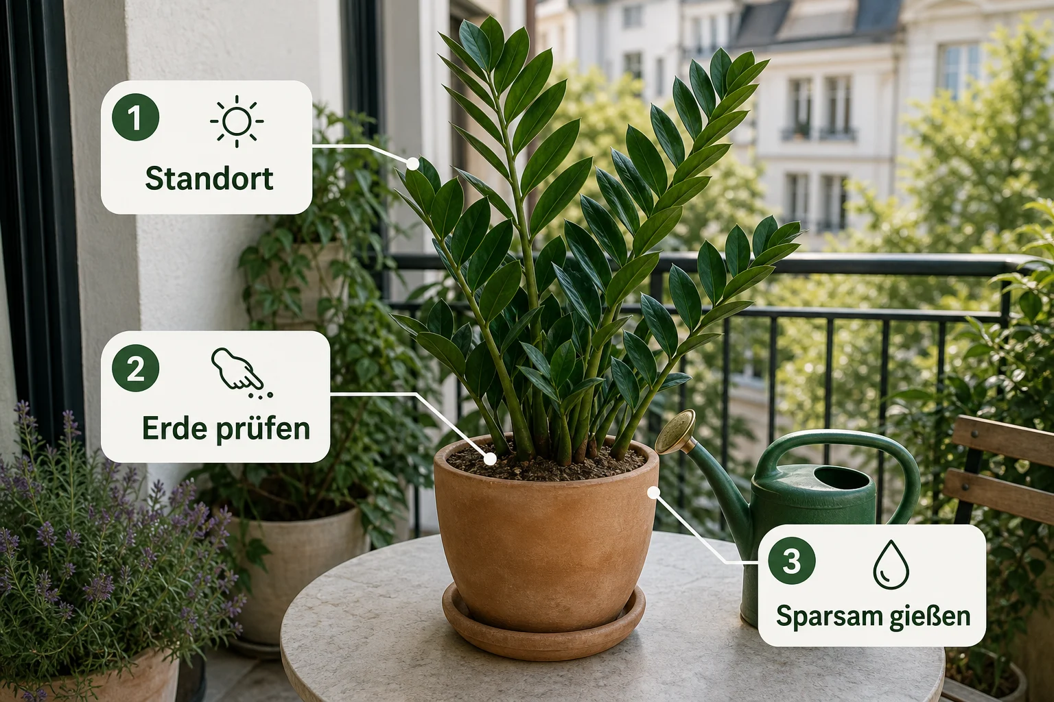 Infografik: Schritt-für-Schritt-Anleitung - Zamioculcas Pflege Standort Gießen: Anleitung, Tipps und häufige Fehler