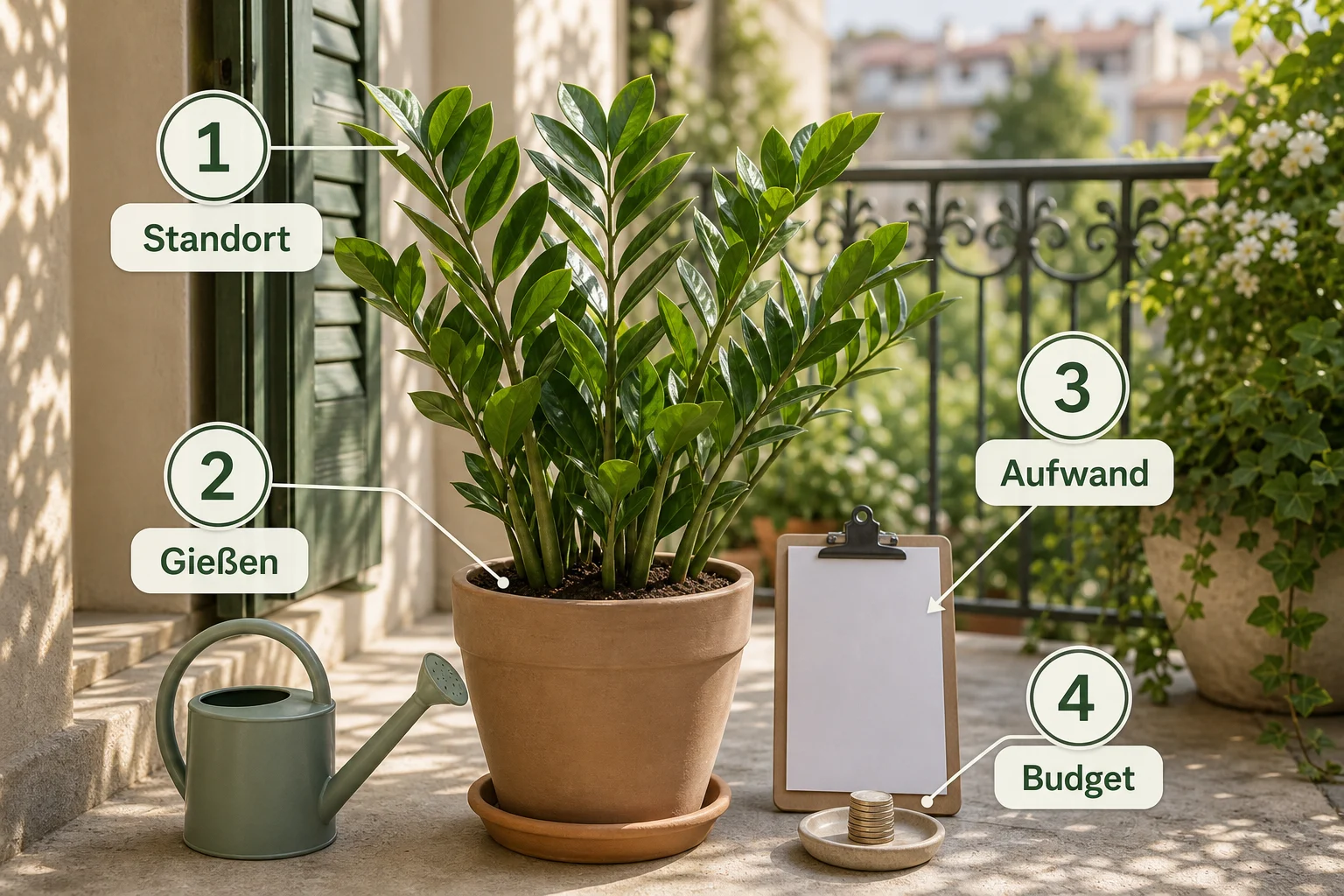 Infografik: Checkliste vor der Umsetzung - Zamioculcas Pflege Standort Gießen: Anleitung, Tipps und häufige Fehler