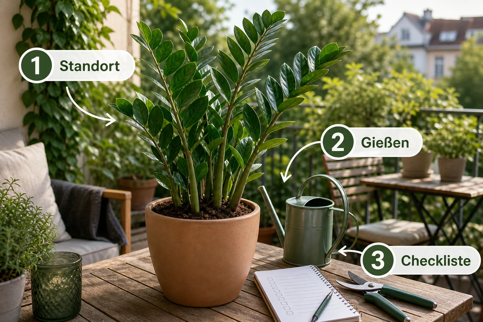 Infografik: Fazit und nächste Schritte - Zamioculcas Pflege Standort Gießen: Anleitung, Tipps und häufige Fehler