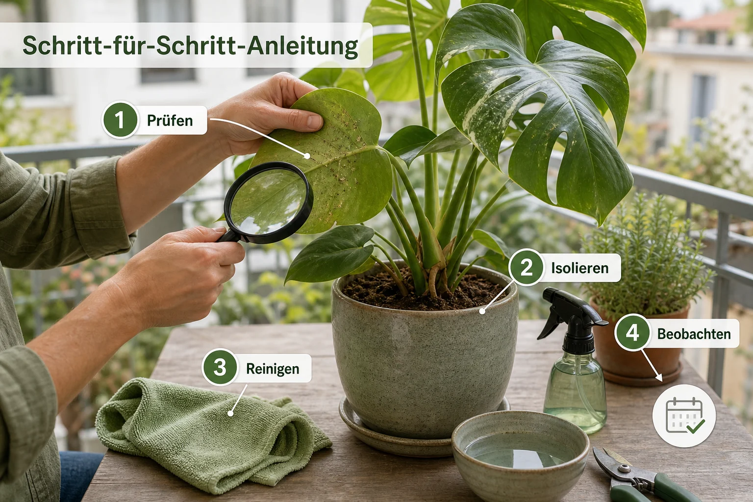Erklärbild: Schritt-für-Schritt-Anleitung - Zimmerpflanzen Schädlinge Erkennen Bekämpfen: erkennen, vorbeugen und lösen