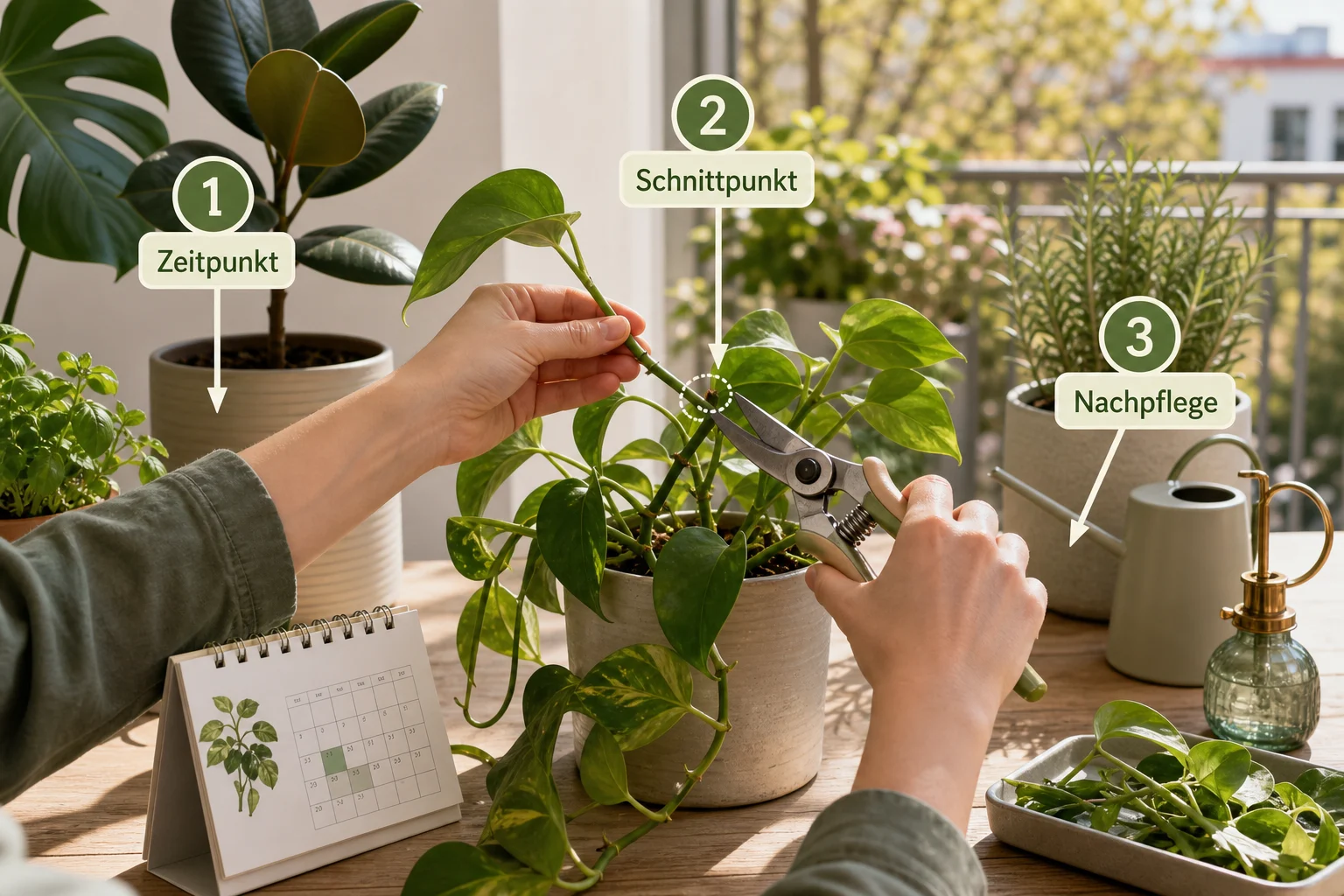 Erklärbild: Pflege, Timing und saisonale Besonderheiten - Zimmerpflanzen Schneiden Wann Wie: Anleitung, Tipps und häufige Fehler