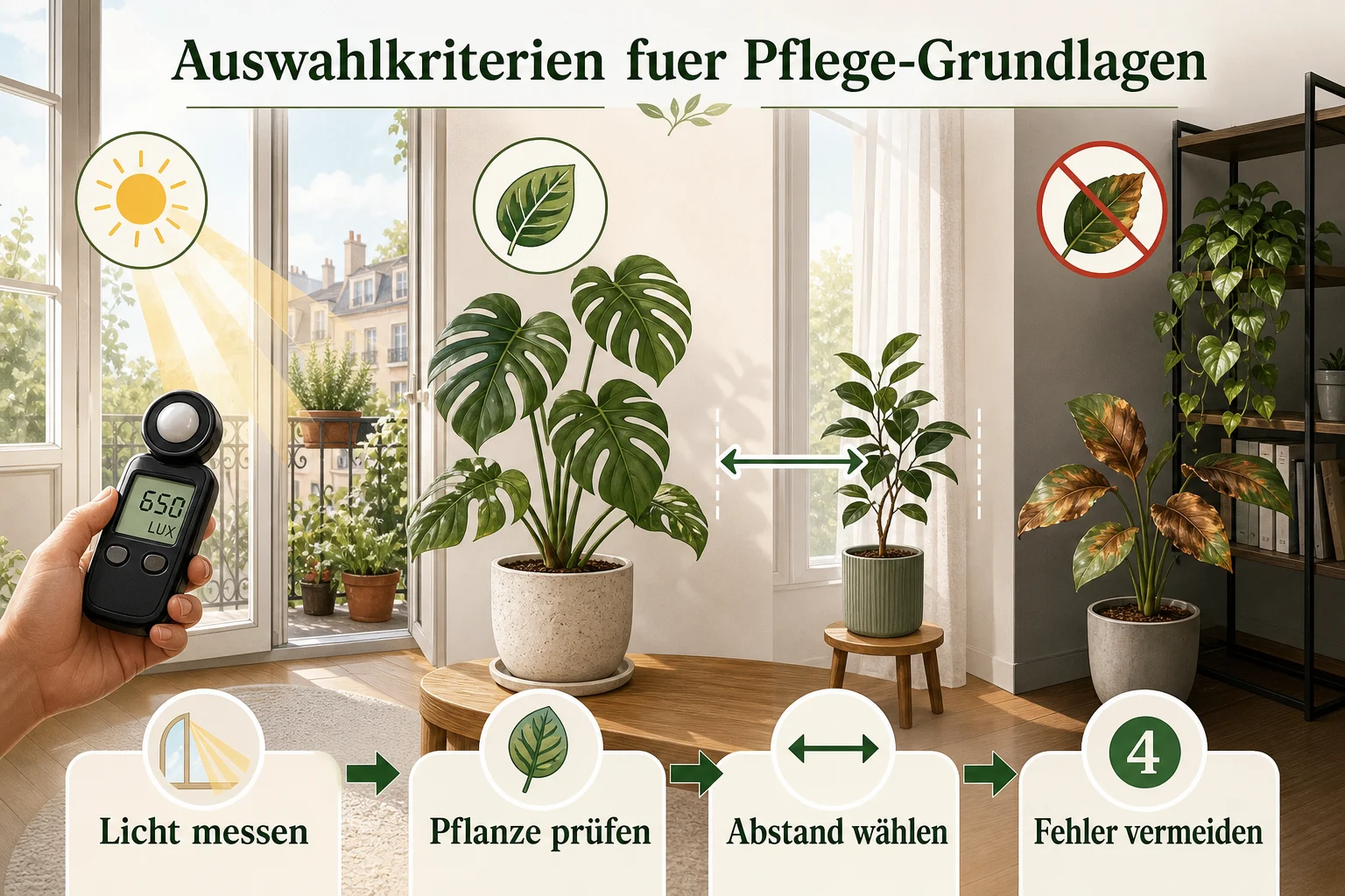 Infografik: Auswahlkriterien für Pflege-Grundlagen - Zimmerpflanzen Standort Finden Licht: Anleitung, Tipps und häufige Fehler