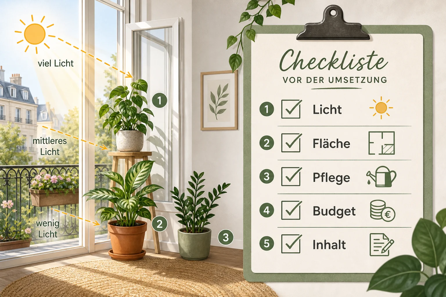 Infografik: Checkliste vor der Umsetzung - Zimmerpflanzen Standort Finden Licht: Anleitung, Tipps und häufige Fehler