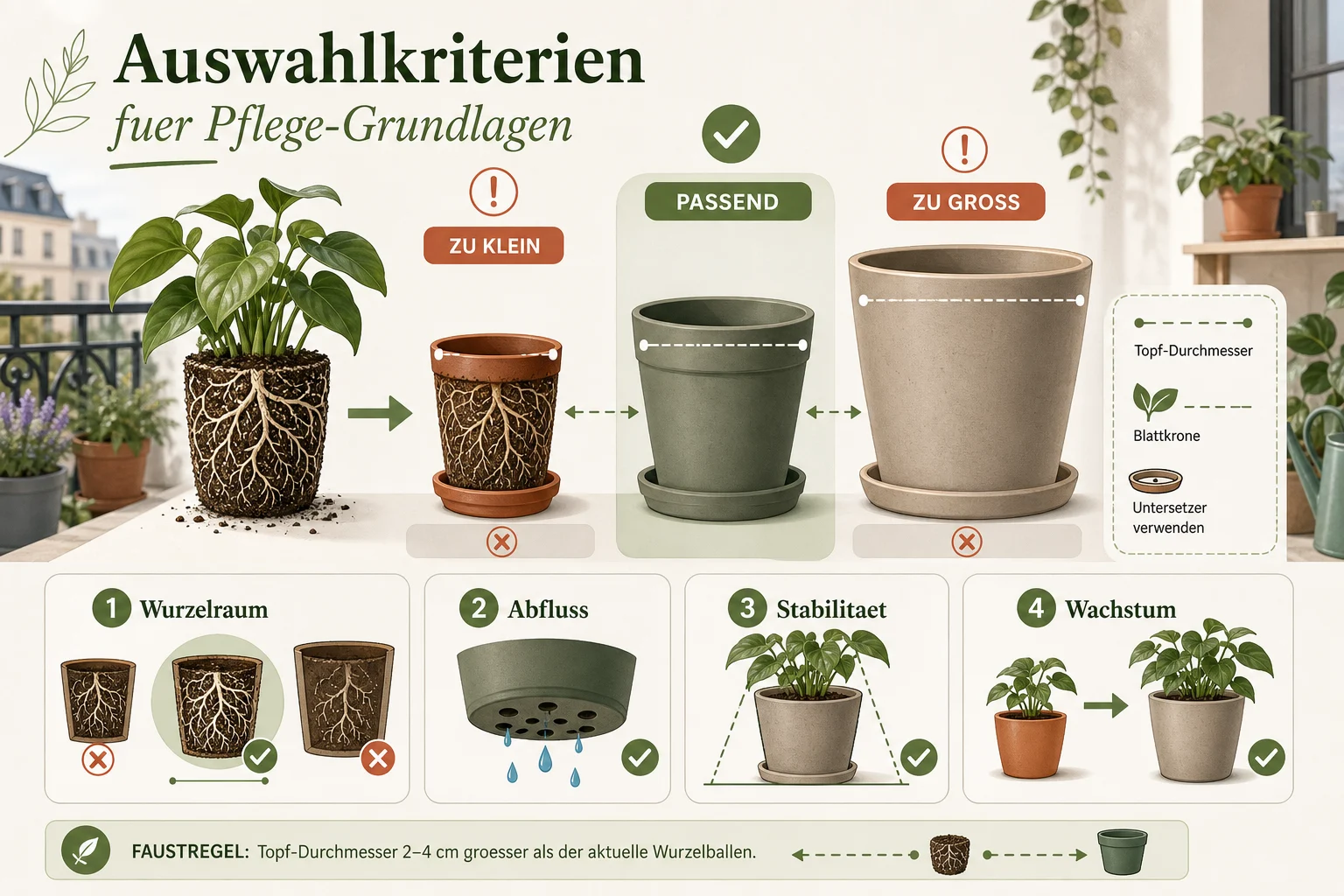 Infografik: Auswahlkriterien für Pflege-Grundlagen - Zimmerpflanzen Töpfe Auswählen Größe: Anleitung, Tipps und häufige Fehler