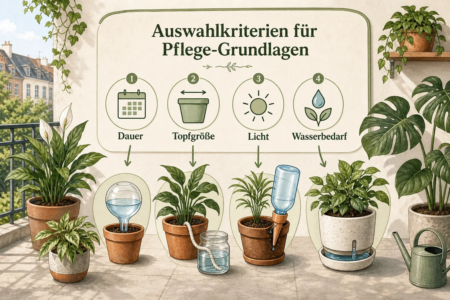 Infografik: Auswahlkriterien für Pflege-Grundlagen - Zimmerpflanzen Urlaub Bewässern Systeme: Anleitung, Tipps und häufige Fehler