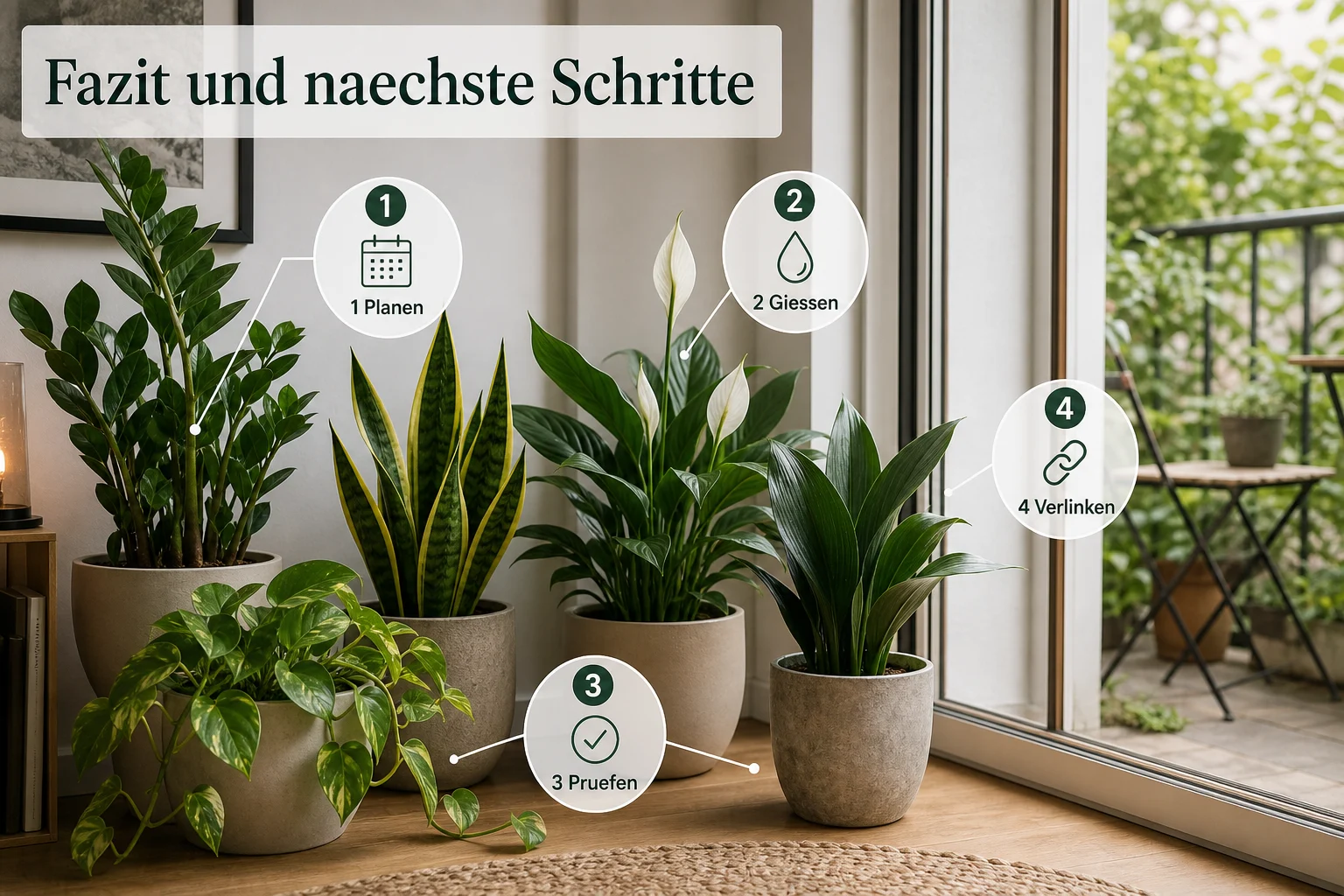 Infografik: Fazit und nächste Schritte - Zimmerpflanzen Wenig Licht Pflegeleicht: Anleitung, Tipps und häufige Fehler
