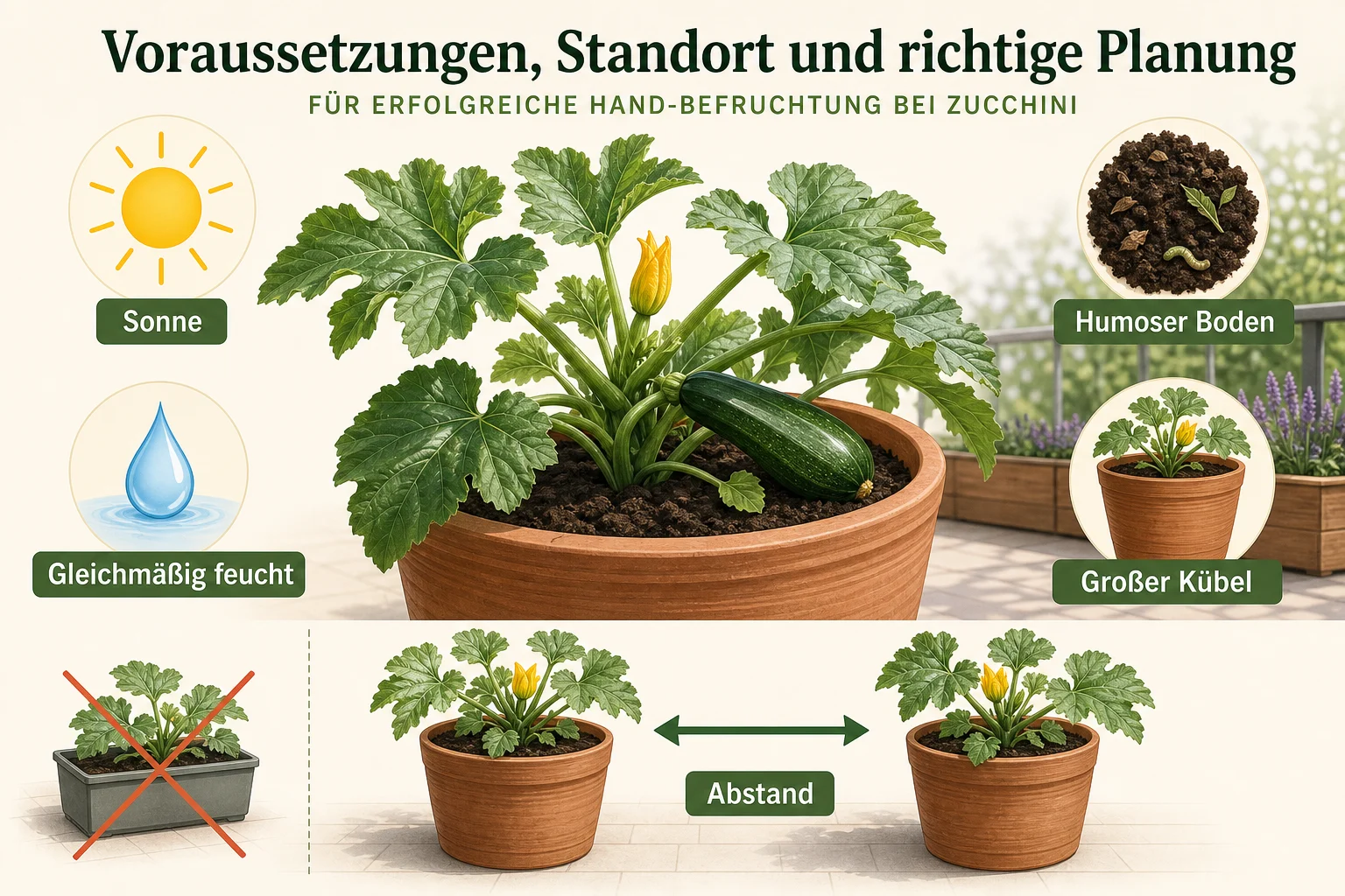 Infografik: Voraussetzungen, Standort und richtige Planung - Zucchini befruchten Hand Anleitung: Schritt für Schritt erklärt