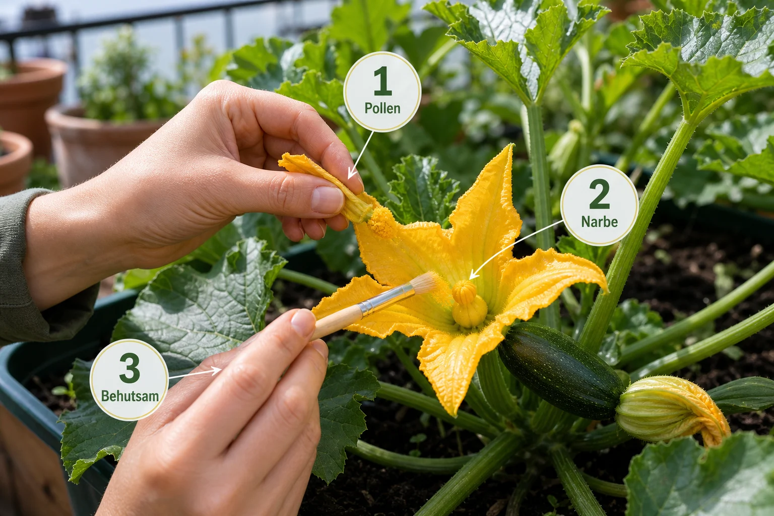 Erklärbild: Schritt-für-Schritt-Anleitung - Zucchini befruchten Hand Anleitung: Schritt für Schritt erklärt