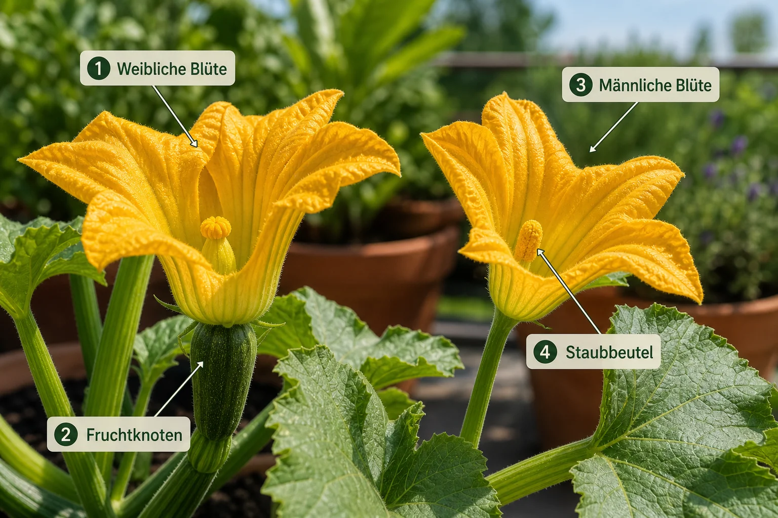 Erklärbild: Schritt 1: Weibliche und männliche Blüten erkennen - Zucchini befruchten Hand Anleitung: Schritt für Schritt erklärt