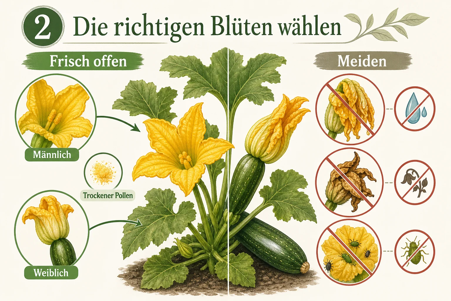 Infografik: Schritt 2: Geeignete Blüten auswählen - Zucchini befruchten Hand Anleitung: Schritt für Schritt erklärt