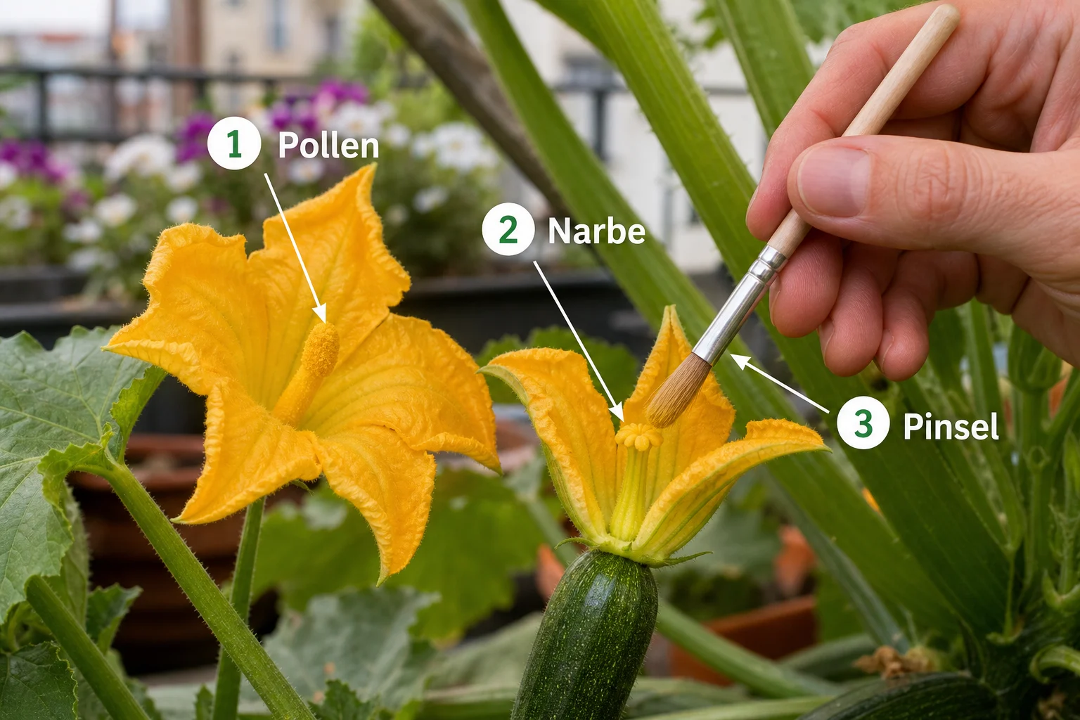 Erklärbild: Schritt 3: Pollen übertragen - Zucchini befruchten Hand Anleitung: Schritt für Schritt erklärt