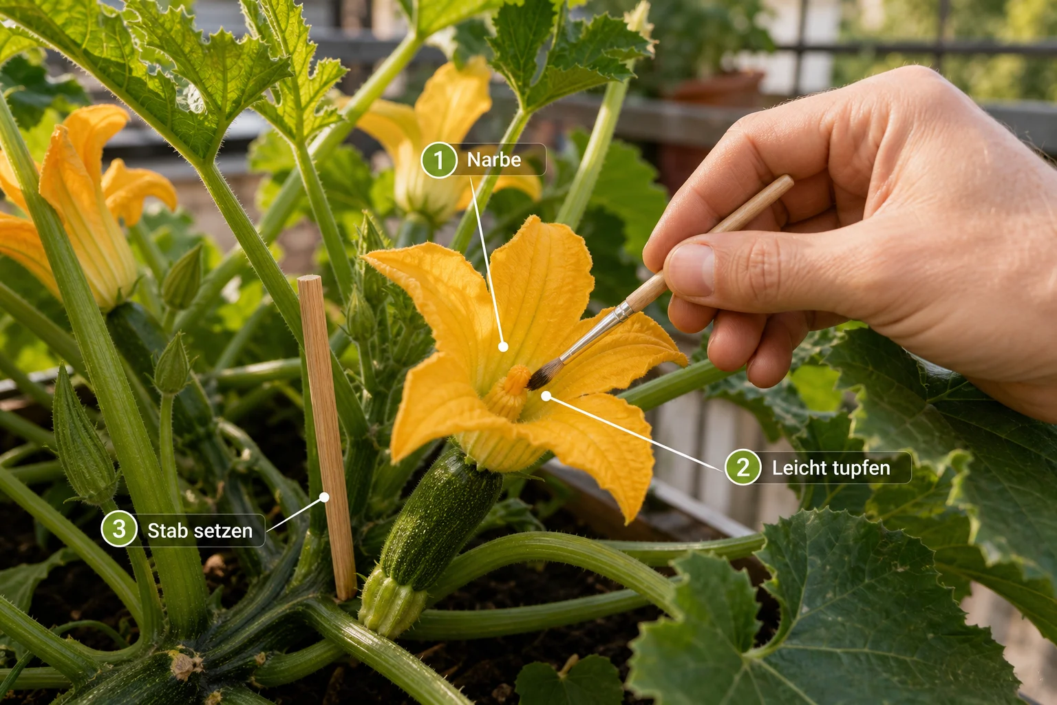 Erklärbild: Schritt 4: Jede weibliche Blüte gezielt behandeln - Zucchini befruchten Hand Anleitung: Schritt für Schritt erklärt
