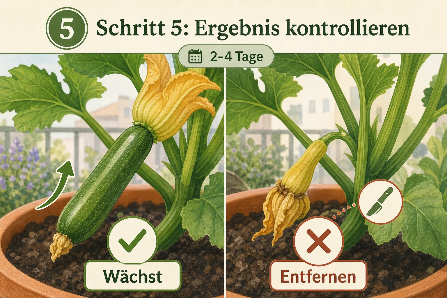 Infografik: Schritt 5: Ergebnis kontrollieren - Zucchini befruchten Hand Anleitung: Schritt für Schritt erklärt